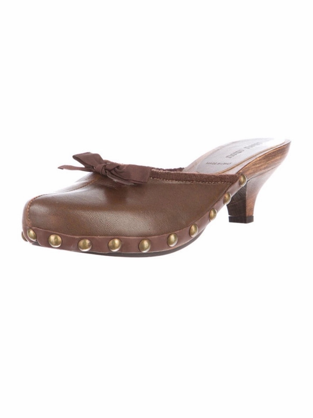 Miu Miu Wooden Clogs Brown Leather Studded Bow Shoes